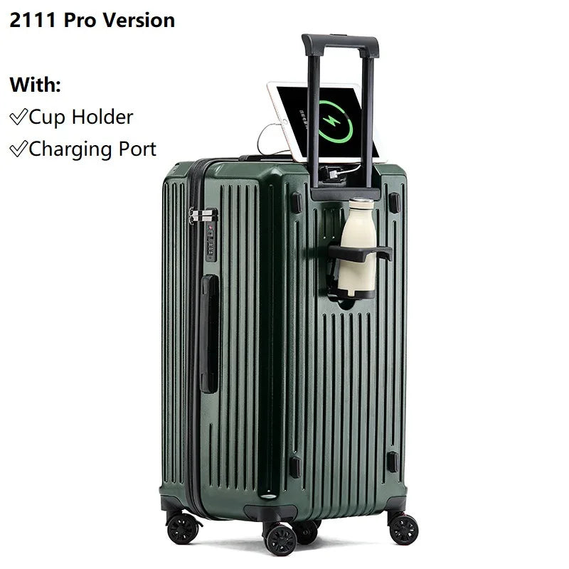 2024 New Large Capacity Cup Holder Luggage Suitcase USB Charging Women Girl Carry-On Boarding Luggage Travel 20/24/26/28 inch