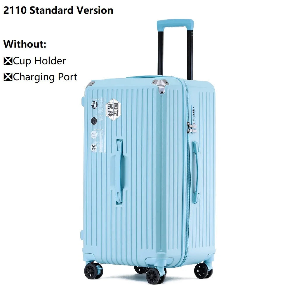 2024 New Large Capacity Cup Holder Luggage Suitcase USB Charging Women Girl Carry-On Boarding Luggage Travel 20/24/26/28 inch