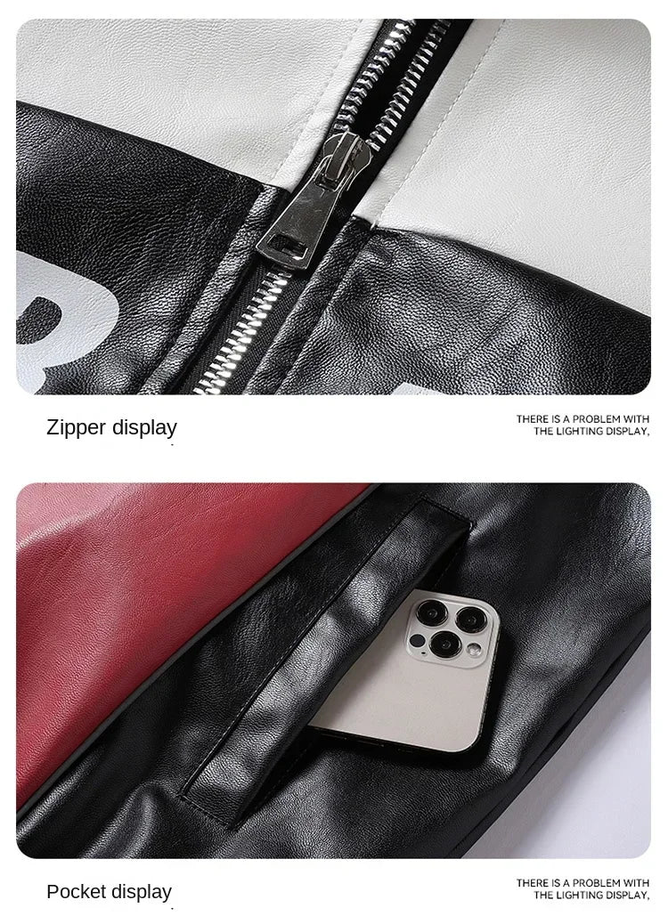 Autumn Motorbike Jacket Men's Stand Collar Leather Jackets Patchwork PU Leather Work Clothes Outdoor Motorcycle Riding Coats Men