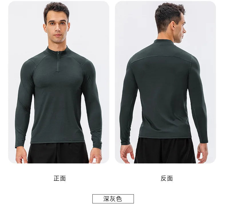 Men's Autumn Fitness Long-Sleeved Quick-Dry Running Tops Half-Zipper Slim-Fit Training Sweatshirt Baselayer Undershirts