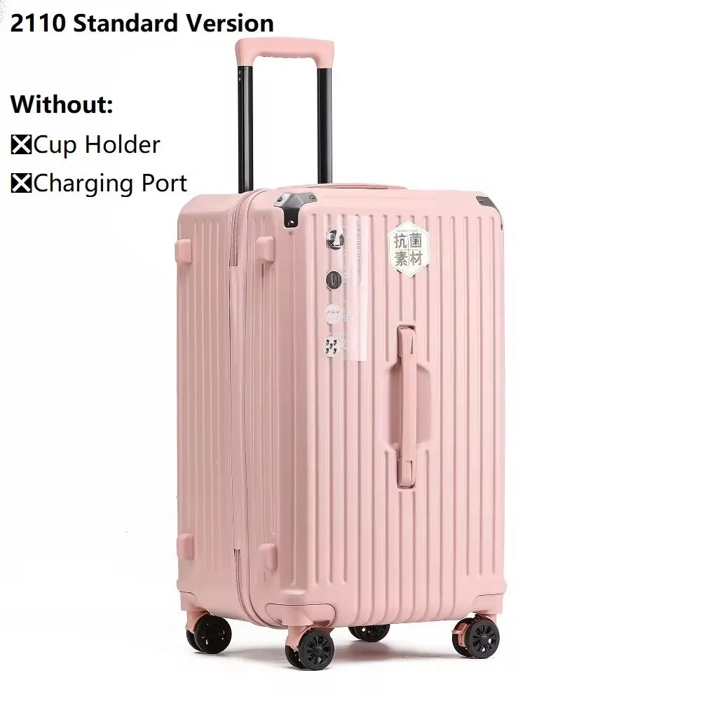 2024 New Large Capacity Cup Holder Luggage Suitcase USB Charging Women Girl Carry-On Boarding Luggage Travel 20/24/26/28 inch