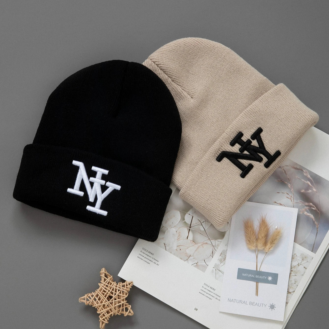 1/2/3pcs Unisex Winter Beanie Hats, Solid Color Knitted Warm Outdoor Caps with Embroidered NY Logo, Hand Washable, Black