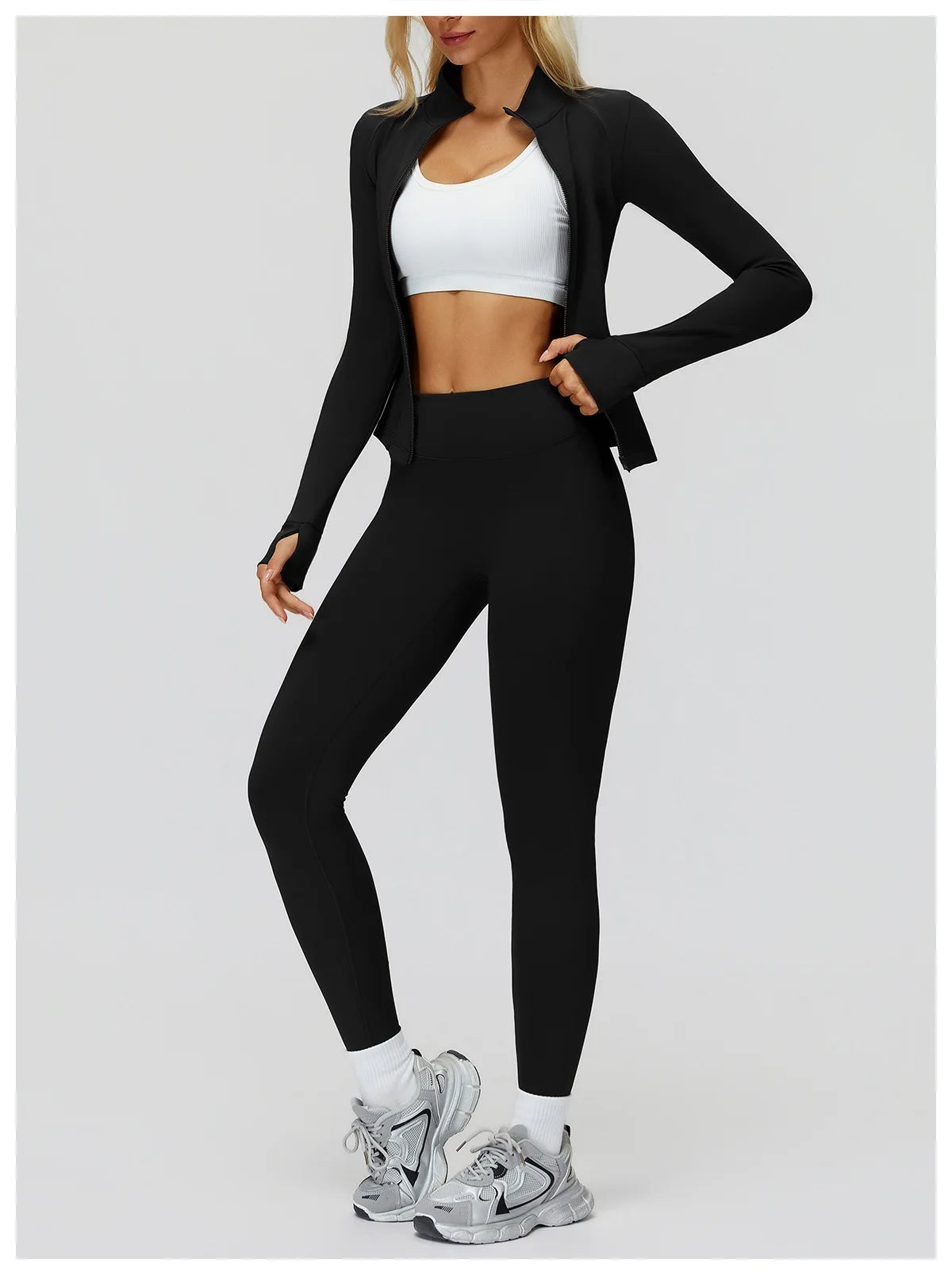 2PCS Yoga Set Workout Sets Women Sportswear Gym Clothing Fitness Zipper Long Sleeve High Waist Leggings Sports Suits Yoga Suit