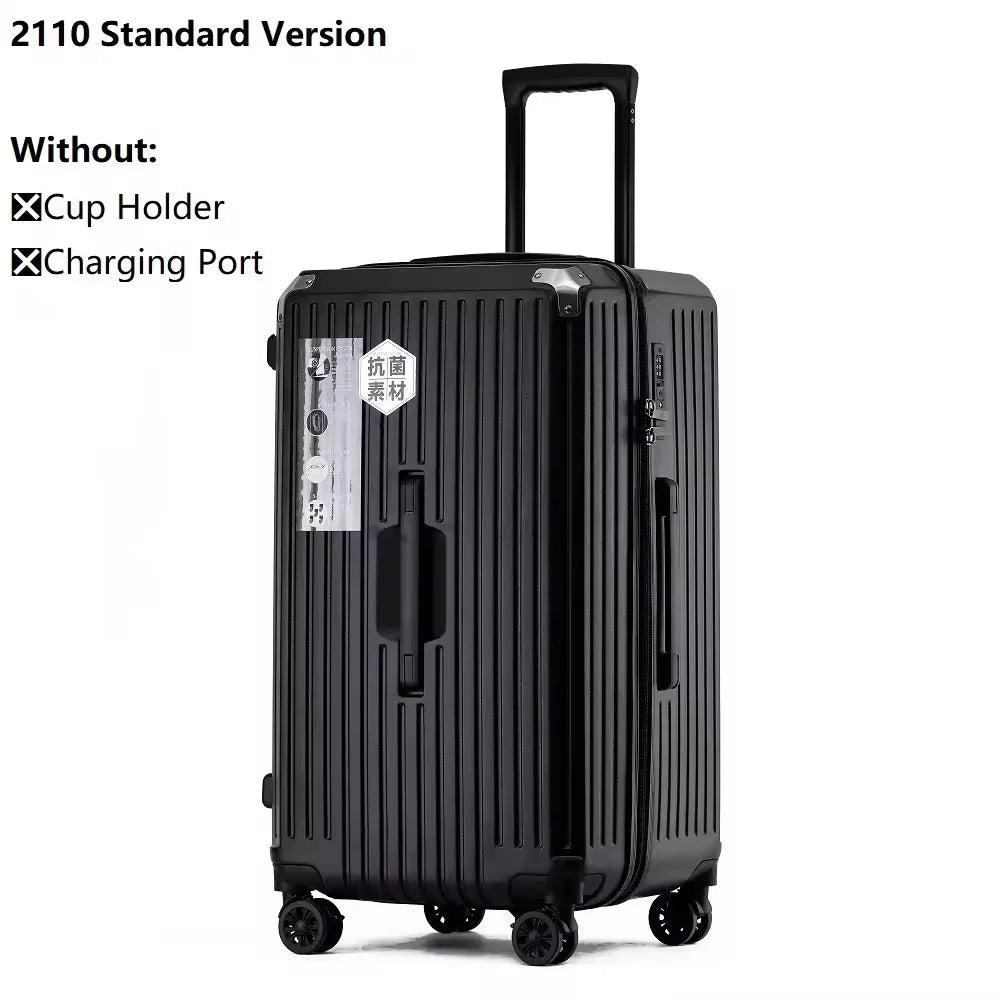 2024 New Large Capacity Cup Holder Luggage Suitcase USB Charging Women Girl Carry-On Boarding Luggage Travel 20/24/26/28 inch