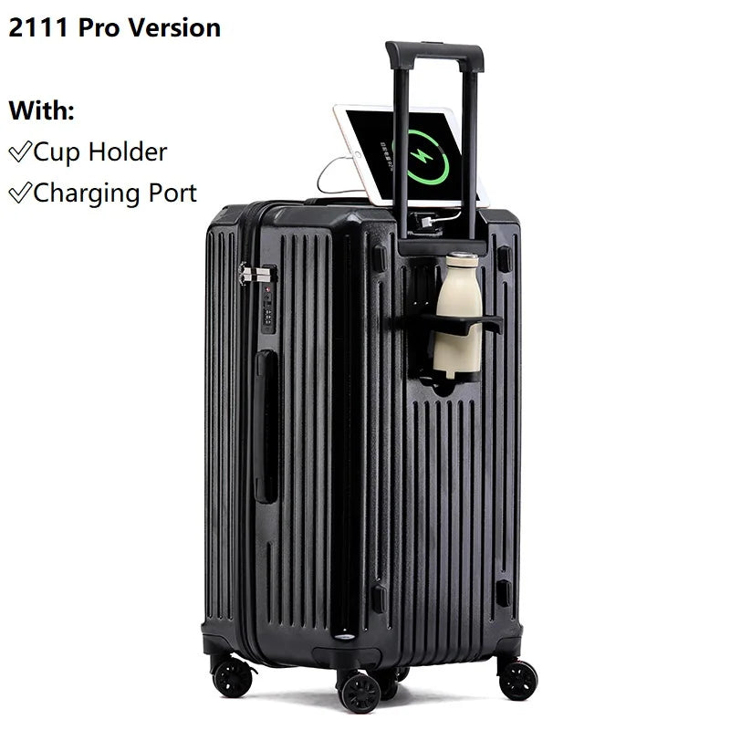 2024 New Large Capacity Cup Holder Luggage Suitcase USB Charging Women Girl Carry-On Boarding Luggage Travel 20/24/26/28 inch