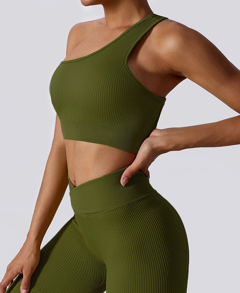 One Shoulder Cut Out Back Sports Bra Women Breathable Running Yoga Crop Top