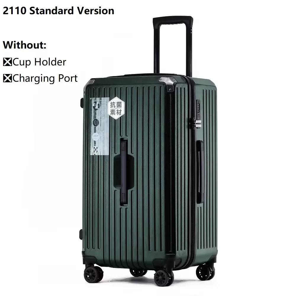 2024 New Large Capacity Cup Holder Luggage Suitcase USB Charging Women Girl Carry-On Boarding Luggage Travel 20/24/26/28 inch