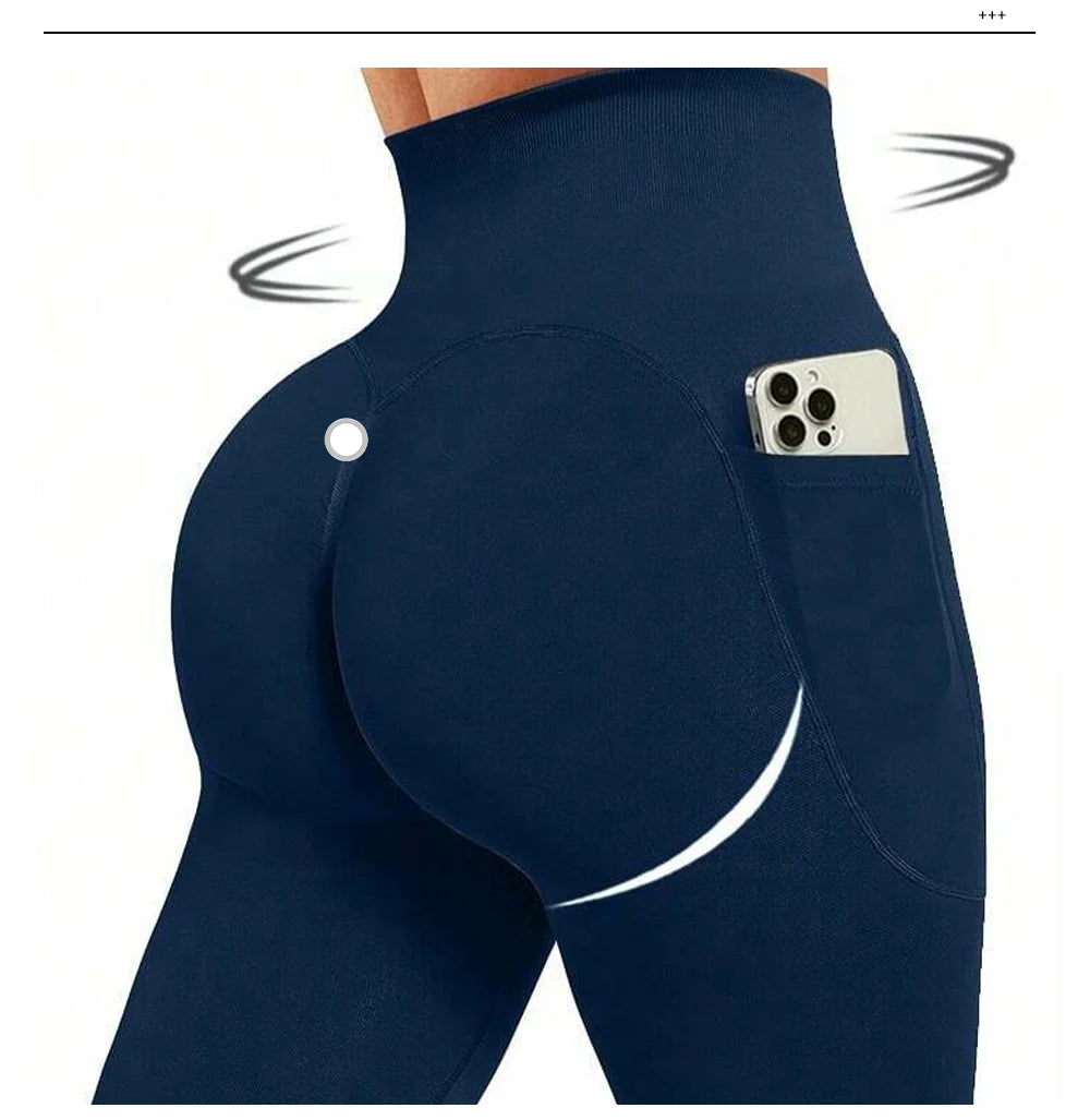 High Waisted Seamless Yoga Pants Butt Lifting Booty Sculpting Gym Leggings with Side Pockets Sexy Workout Tights for Women