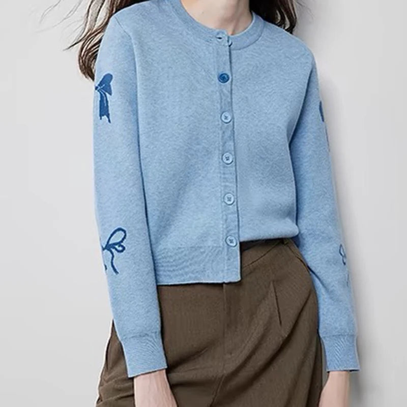 كارديجان نسائي من EOTVOTEE بتصميم فرنسي من قماش الجاكار مع رقبة دائرية وصدر واحد، سترة جديدة بسيطة وأنيقة لعام 2025