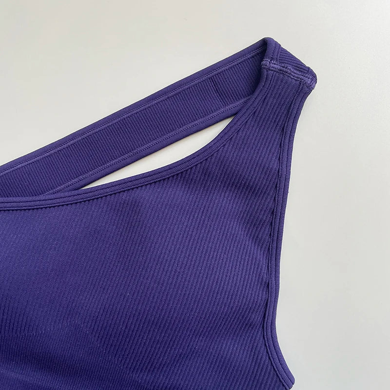 One Shoulder Cut Out Back Sports Bra Women Breathable Running Yoga Crop Top