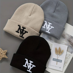 1/2/3pcs Unisex Winter Beanie Hats, Solid Color Knitted Warm Outdoor Caps with Embroidered NY Logo, Hand Washable, Black